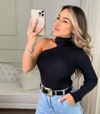 Blusa Tricot Modal Um Ombro Só com Gola Preto