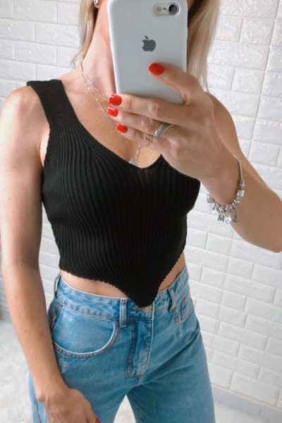 Blusa Cropped Regata Tricot Bico V Preto