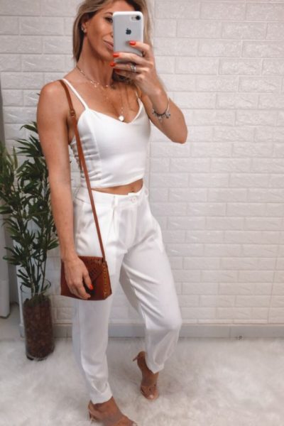 Conjunto Linho Calça e Cropped Branco