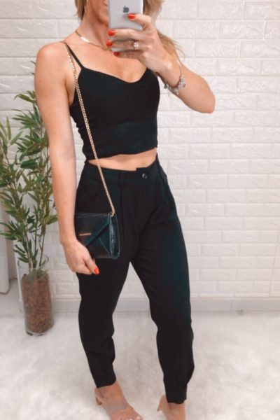 Conjunto Linho Calça e Cropped Preto